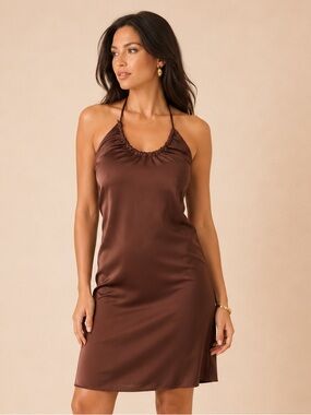 ‘Rona’ Chocolate Brown Sexy Slip Dress / Silky Halter Dress Knee Length / Event